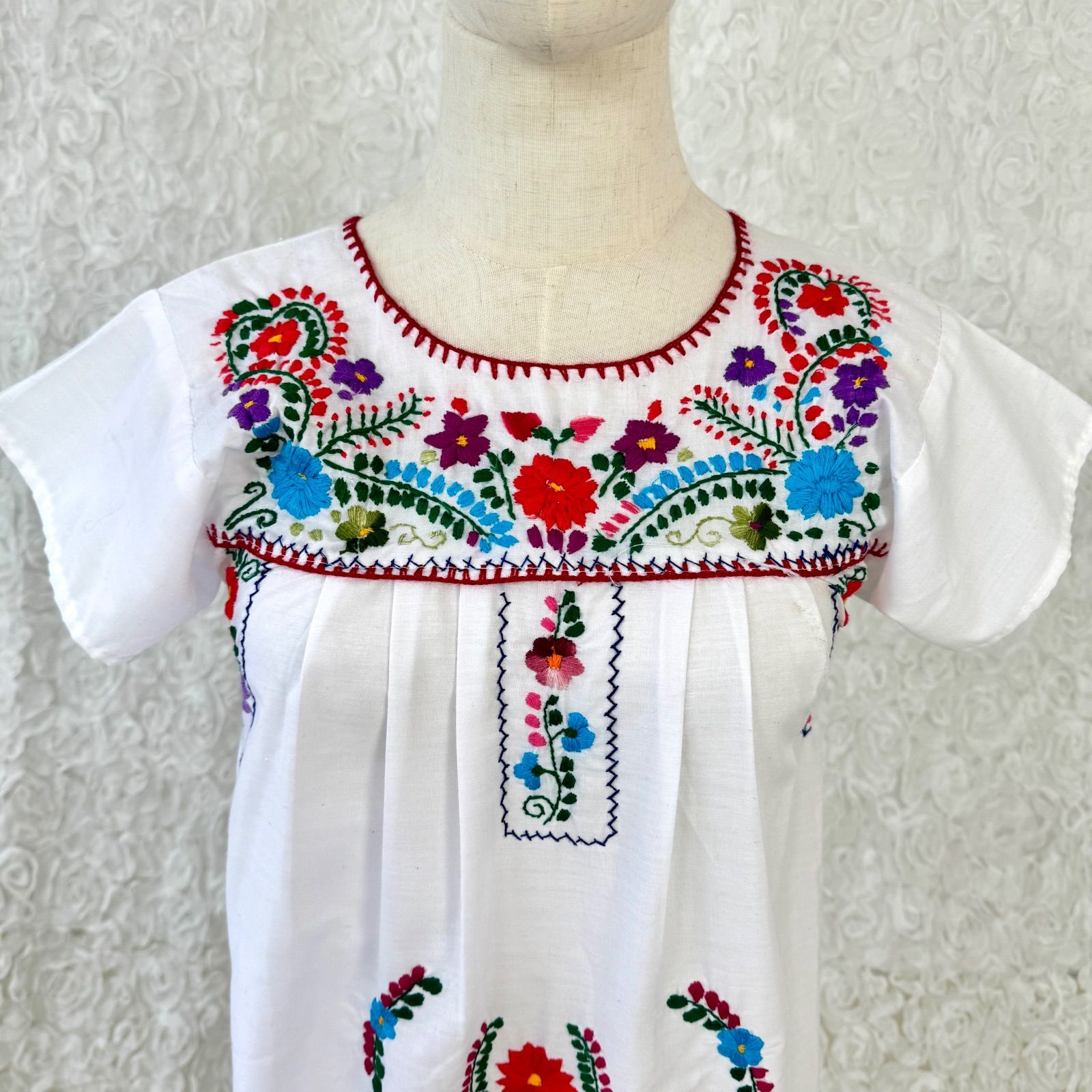 メキシカン刺繍 ワンピース 民族衣装 白 花柄 コットン フォークロア