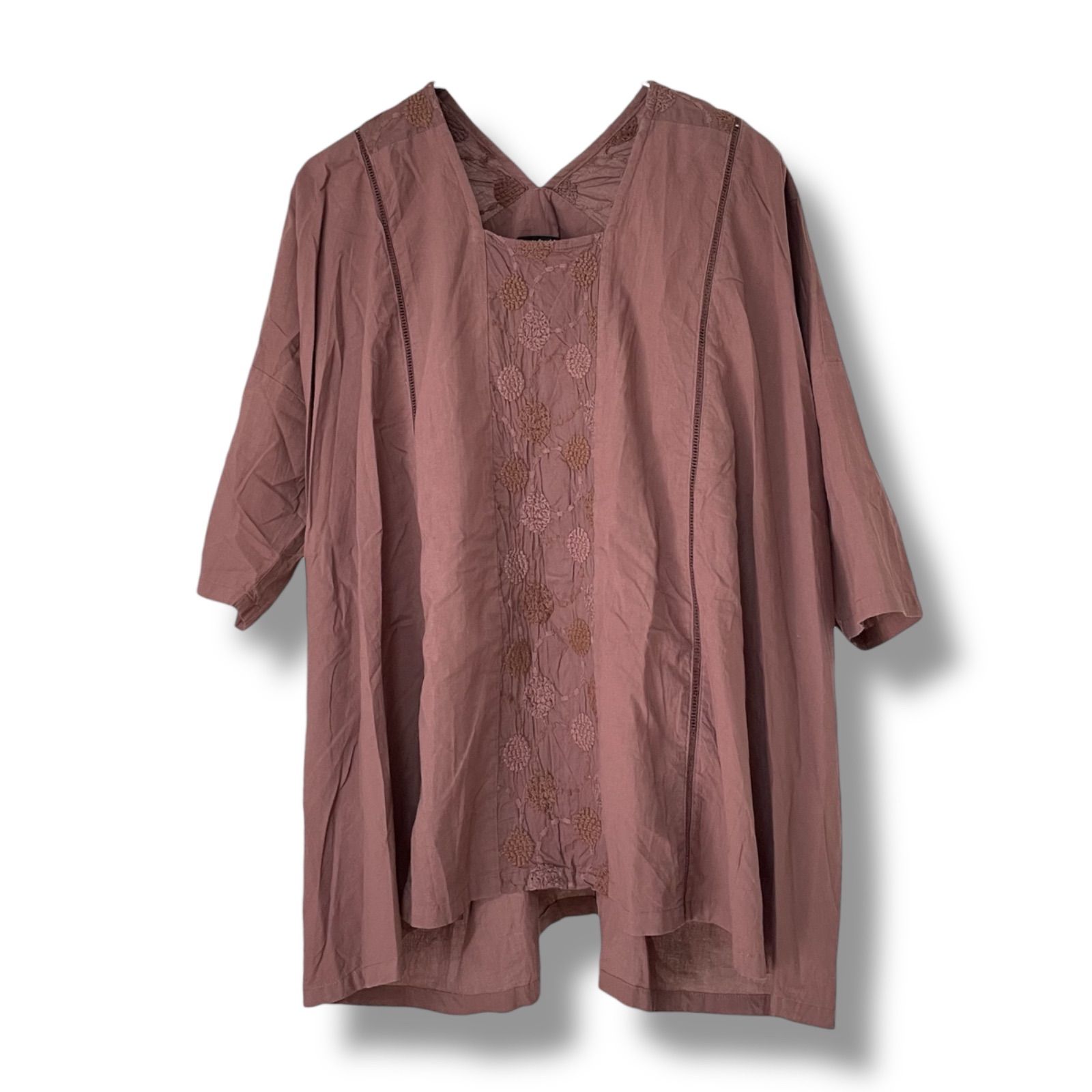 pas de Calais パドカレ 長袖ブラウス チュニック レディース36 M相当 コットン ピンクベージュ モーヴピンク ダスティローズ 柔らか 上品 きれいめ ナチュラル系