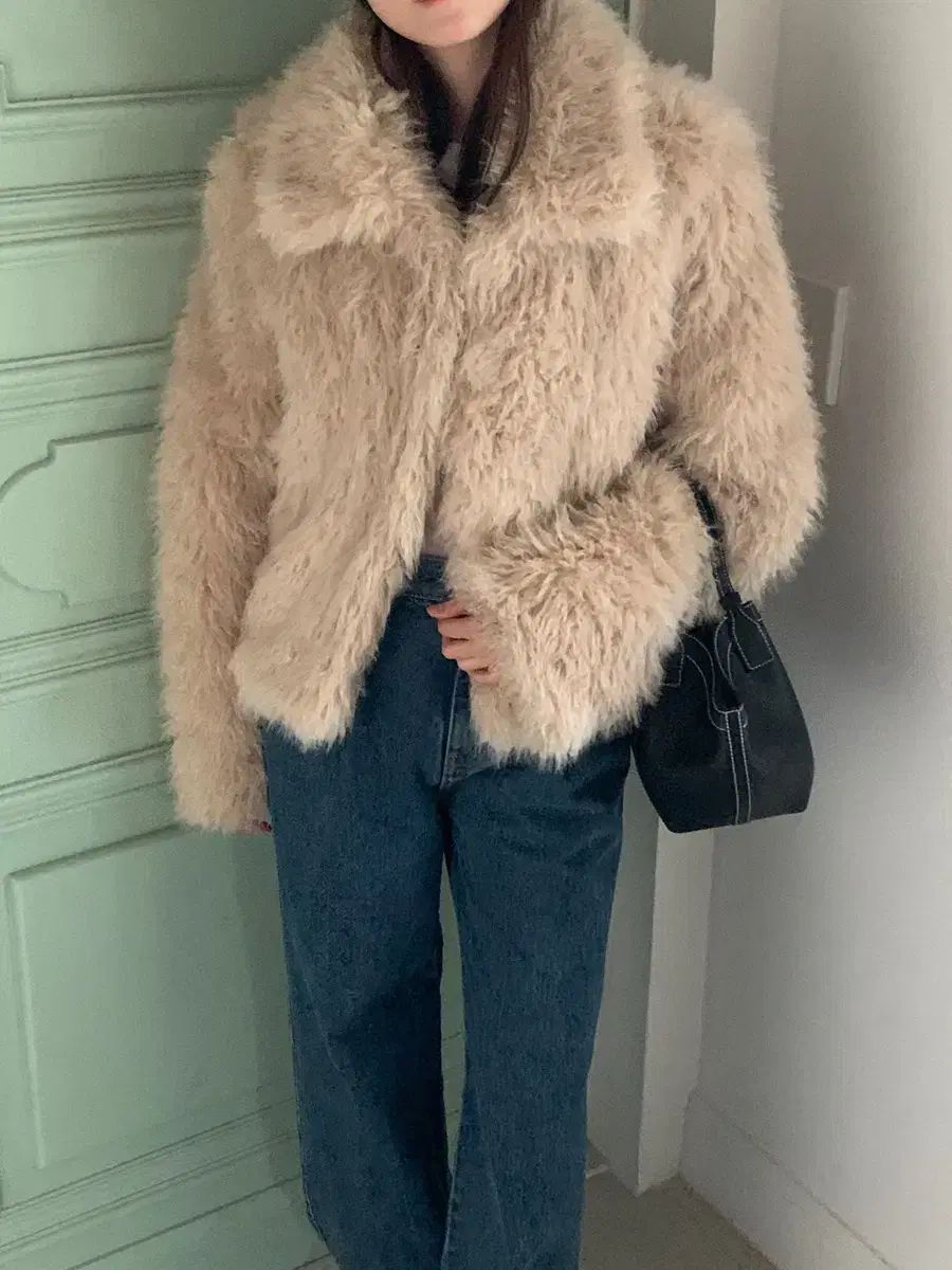 カラーネック ファージャケット ベージュ