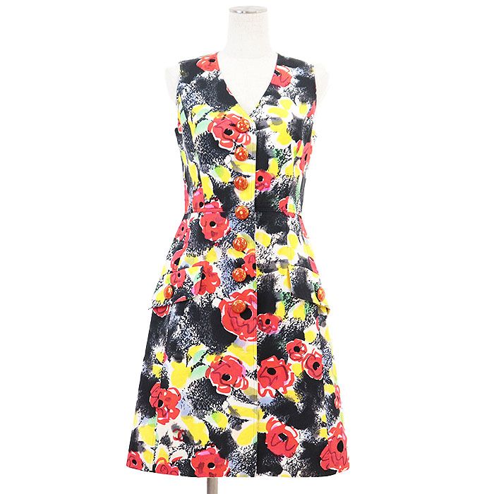 CHANEL シャネル ブティック ワンピース 97 P 07856 ヴィンテージ COCOマーク ボタン カメリア フローラル 花柄 総柄 プリント コットン ツイル ノースリーブ レディース 36 マルチカラー フランス製