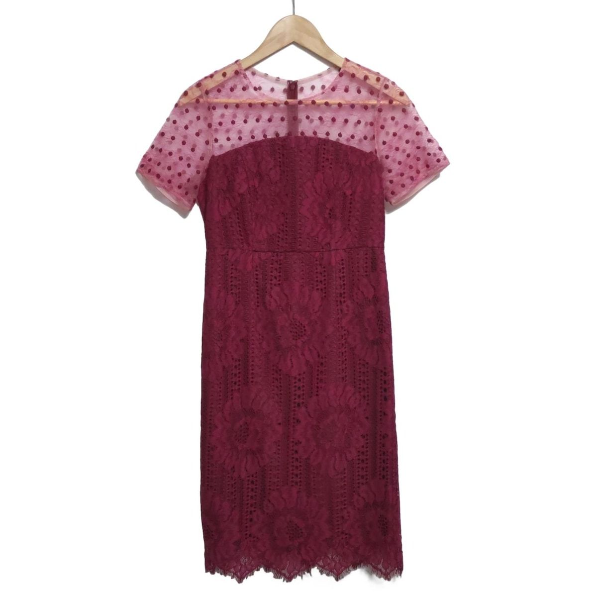 ダイアグラム ワンピース サイズ36 S レディース ピンクパープル ピンクベージュ クルーネック 半袖 ひざ丈 レース 花柄 ドット柄