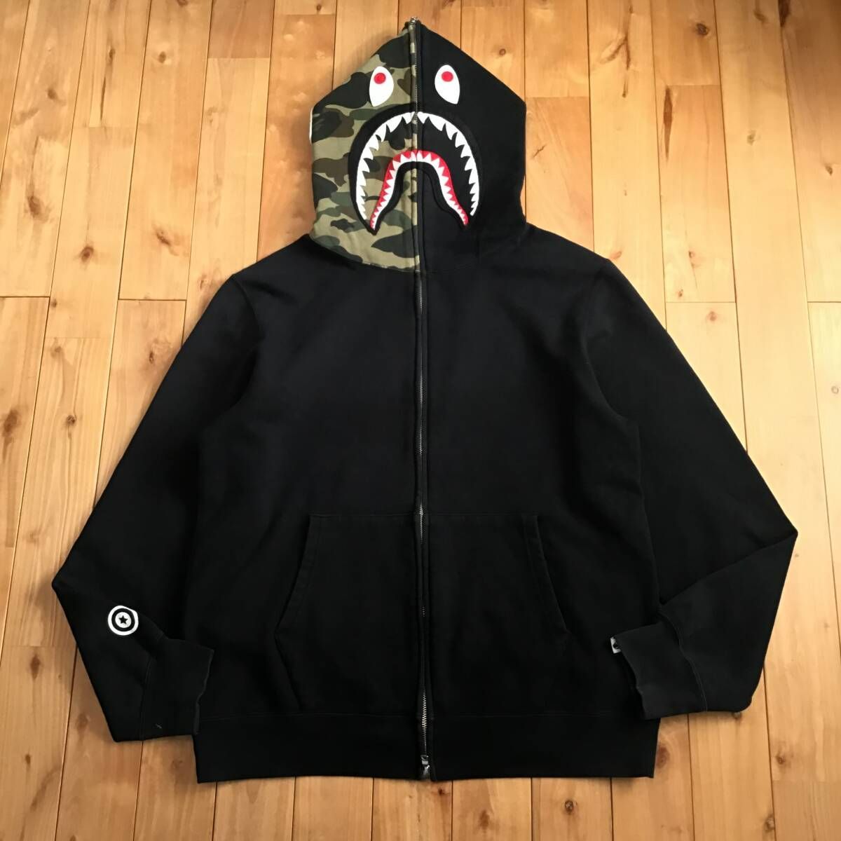 ☆2XL☆ 1st camo green × Black シャーク パーカー a bathing ape