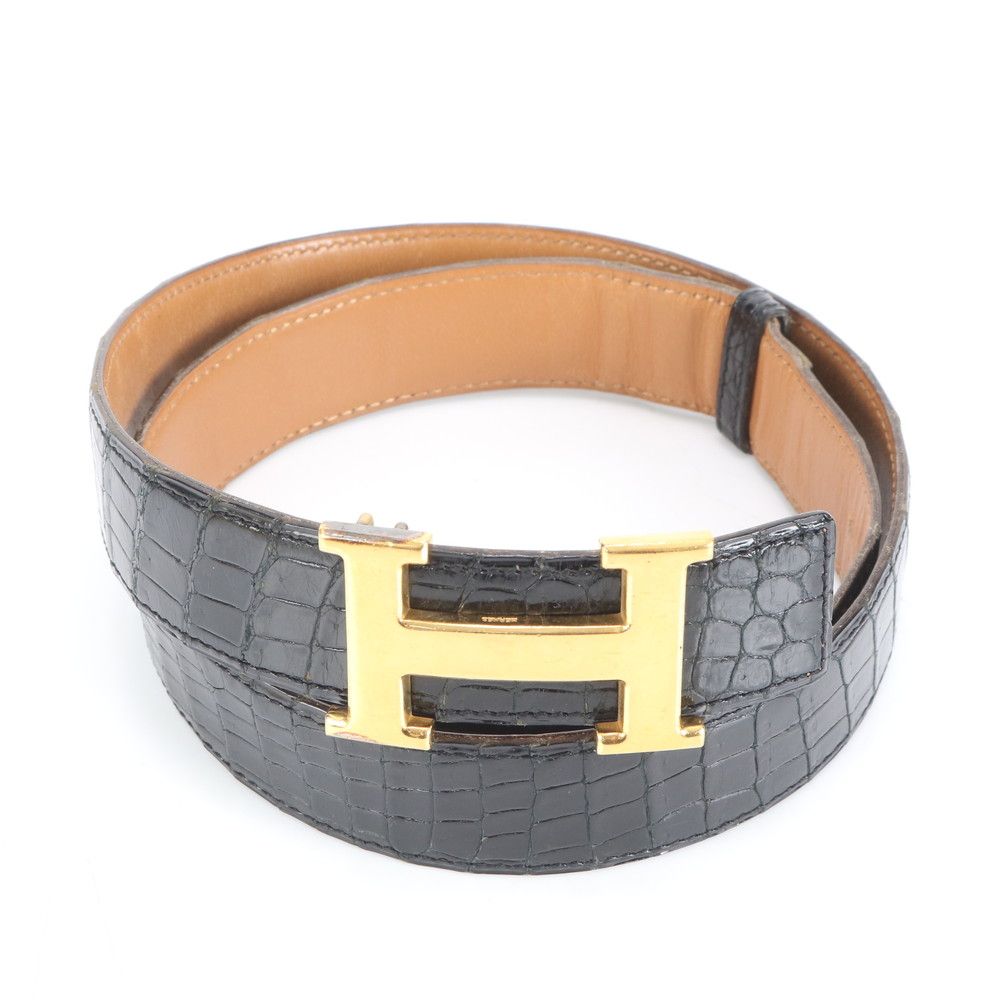 エルメス 〇I 刻印 Hロゴ バックル クロコダイル レザー ベルト 本革 ブラック 黒 メンズ EEM DB 22 6