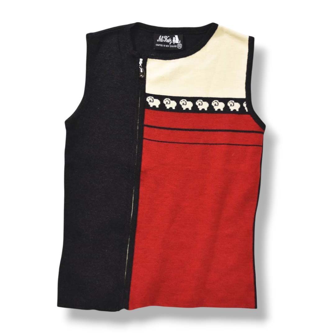 90 s ヴィンテージ ニュージーランド製 アオリカッツ Aoli Katz メリノ ウール 100％ ジップアップ ニット ベスト ハイゲージ 切替 デザイン XS 羊柄 ブラック x レッド クリーム レディース ♪
