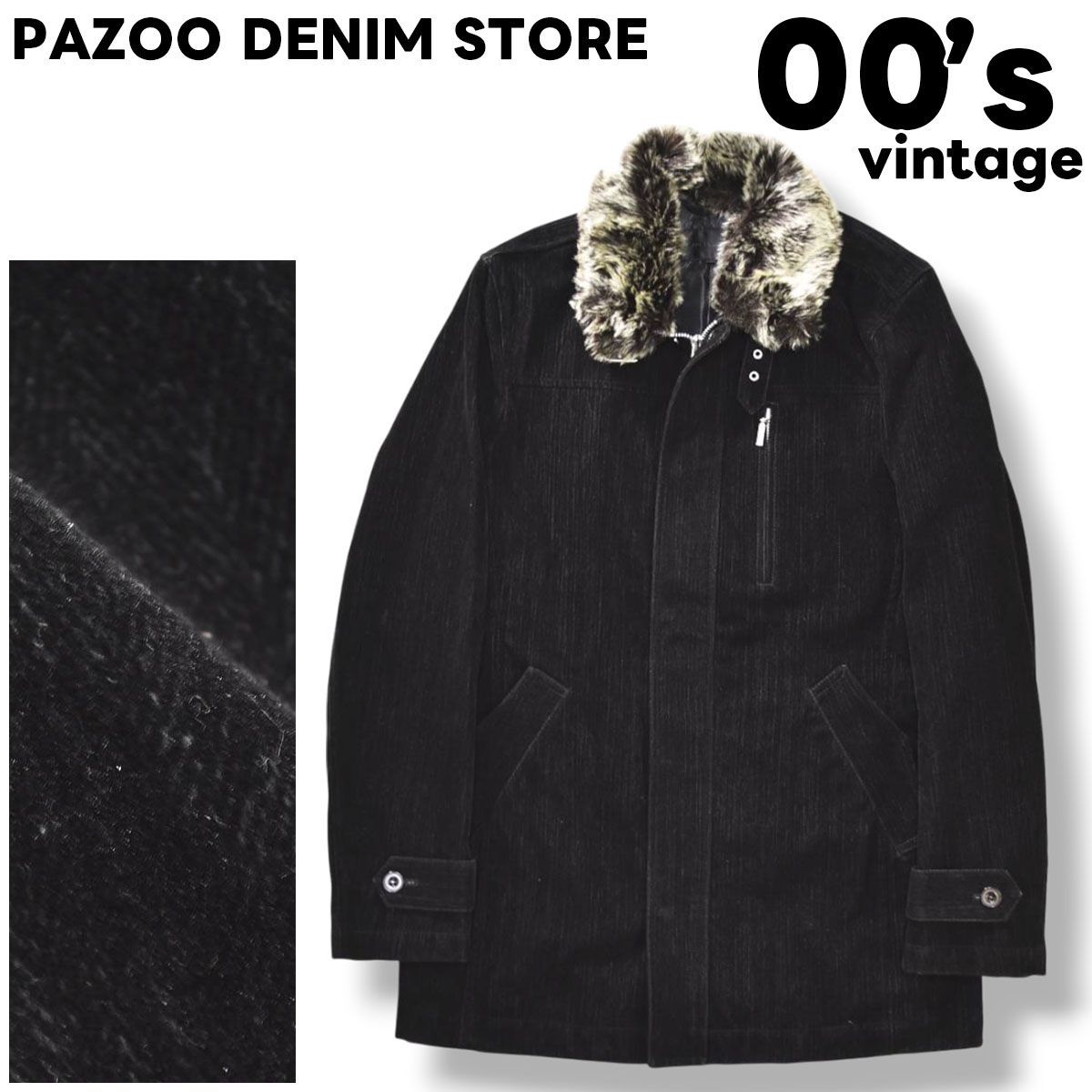 00 s archive パッゾ デニム ストア PAZOO DENIM STORE フロッキーパイル ベロア ファー コート センターベント チンストラップ 総裏地 ブラック モード ストリート Y 2 K メンズ