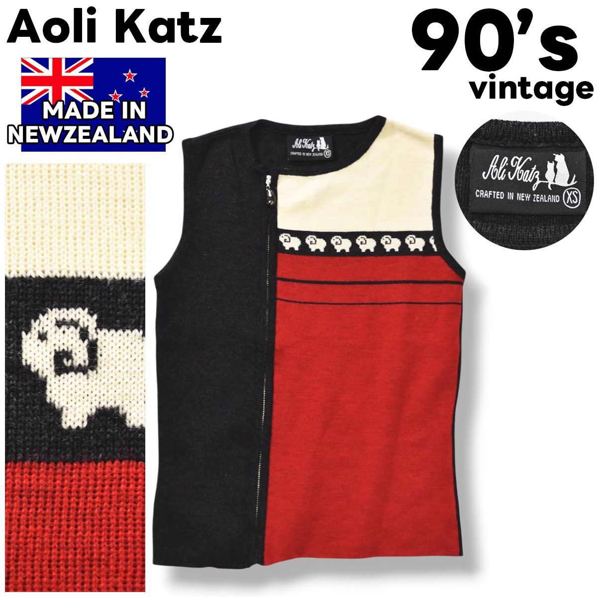 90 s ヴィンテージ ニュージーランド製 アオリカッツ Aoli Katz メリノ ウール 100％ ジップアップ ニット ベスト ハイゲージ 切替 デザイン XS 羊柄 ブラック x レッド クリーム レディース ♪