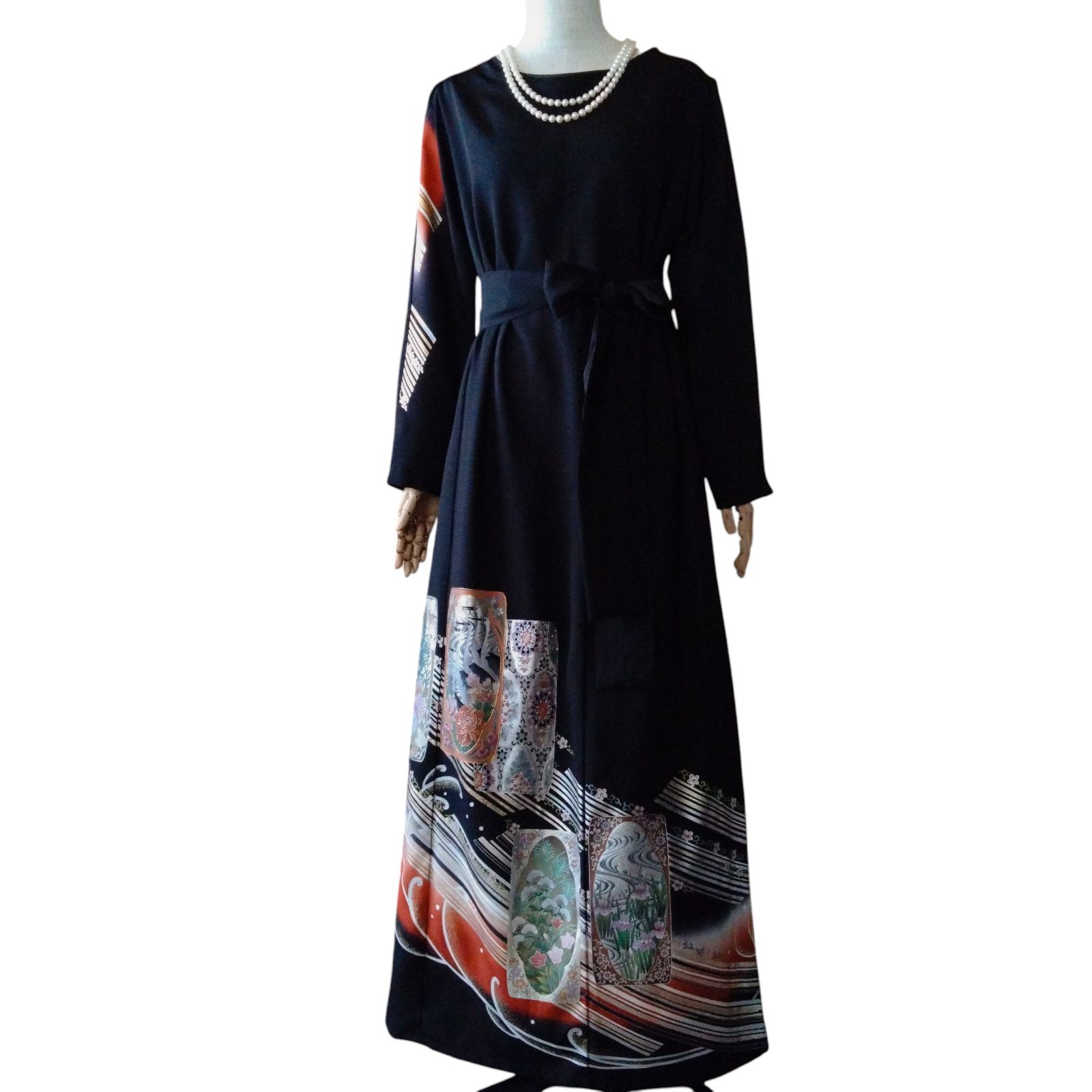 ❦Kaena❦ 着物リメイク ワンピース ロング ドレス Aライン ウエストベルト紐付き 後ろ開きボタン 螺鈿 金箔 金銀彩 結婚式 卒業式 ステージ衣装 オケージョン