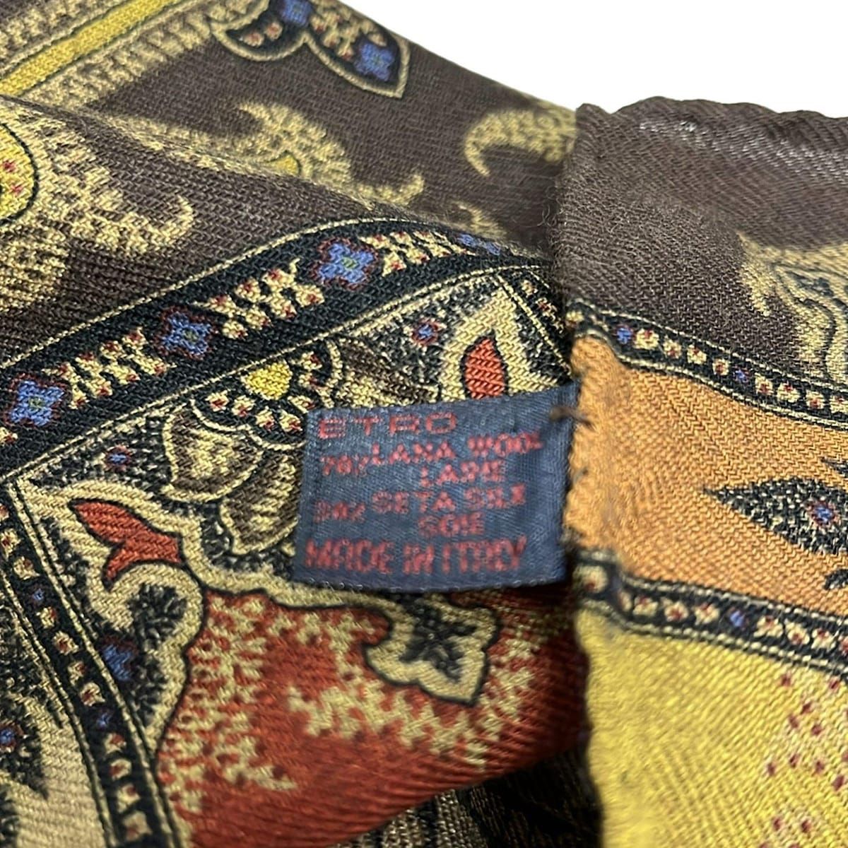 ETRO エトロ ストール ショール ダークブラウン ダークイエロー マルチ ペイズリー柄 ウール シルク