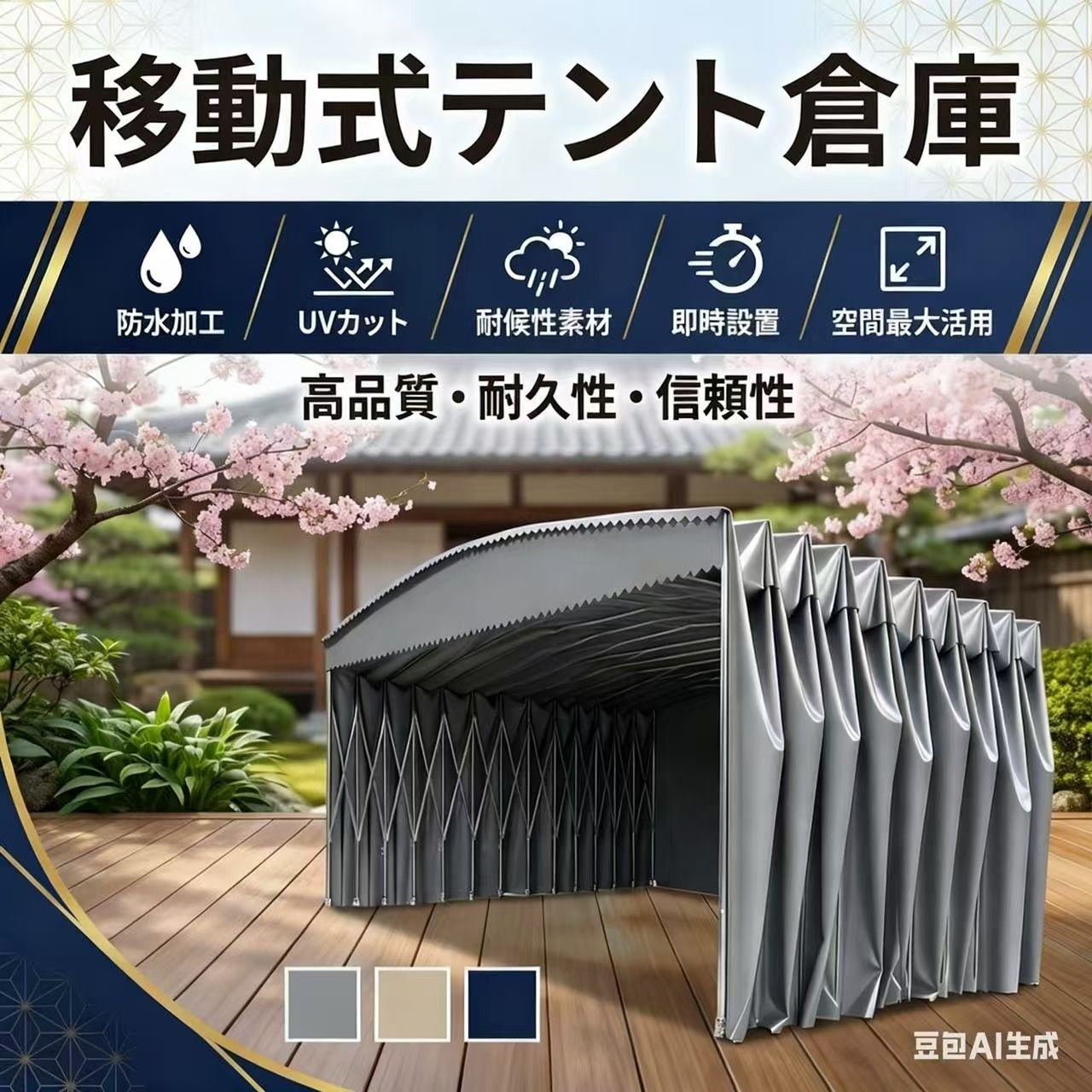 在庫あり間口7m 奥行12m 高さ4m 肉厚1.5MMテント倉庫 グレー 四面生地(カーテン1面) 伸縮自在 輪付き550ｇPVC駐車場 簡易テント倉庫移動テント倉庫車庫テント ガレージテント カーポート パイプ車庫 テントガレージ 大型 駐車 仮設倉庫