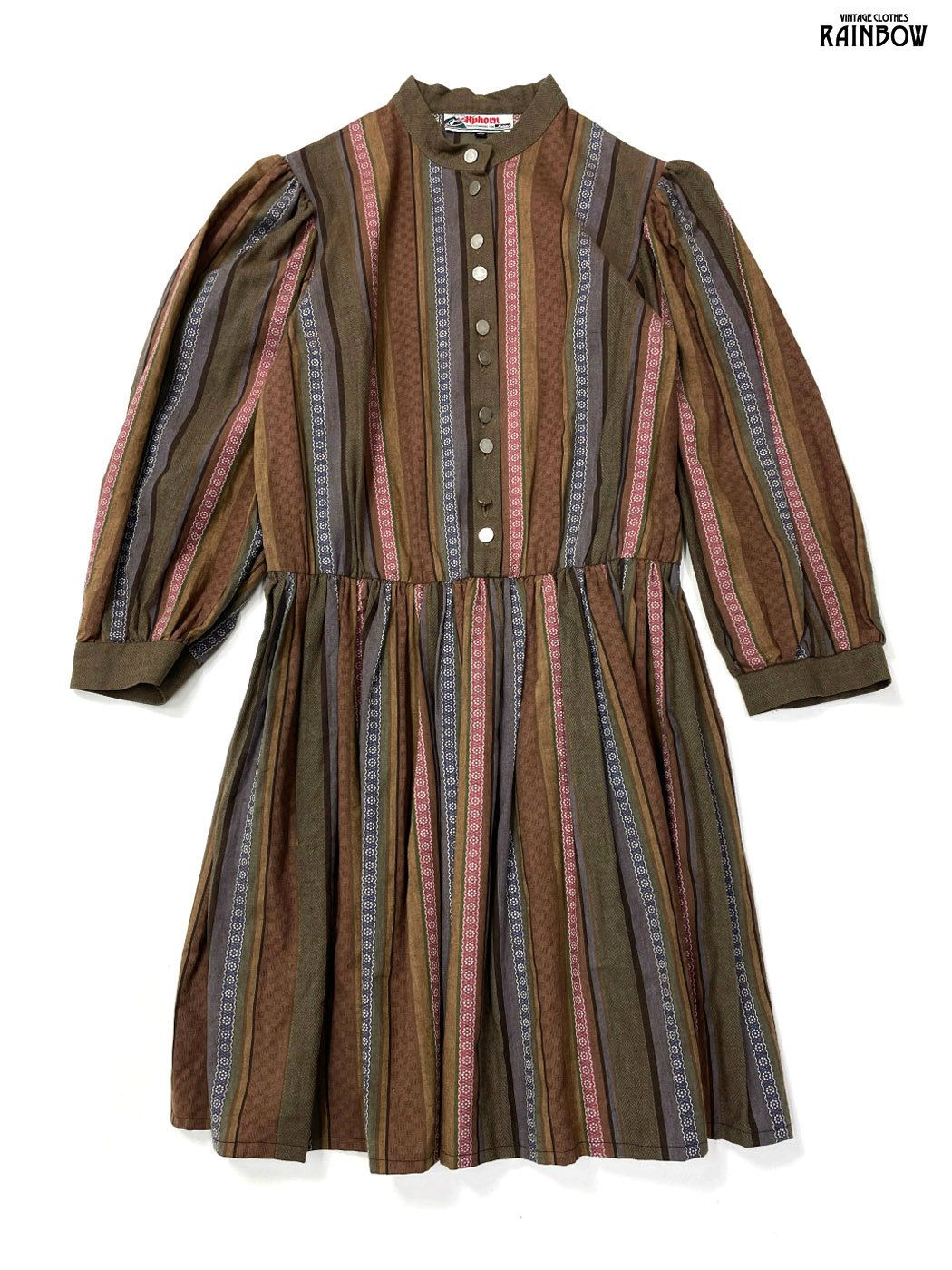 古着 Alphorn ストライプ柄 コットン 総柄 膝丈 長袖 ワンピース 茶 otu 2508065