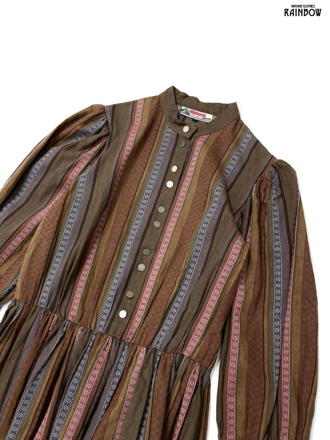 古着 Alphorn ストライプ柄 コットン 総柄 膝丈 長袖 ワンピース 茶 otu 2508065