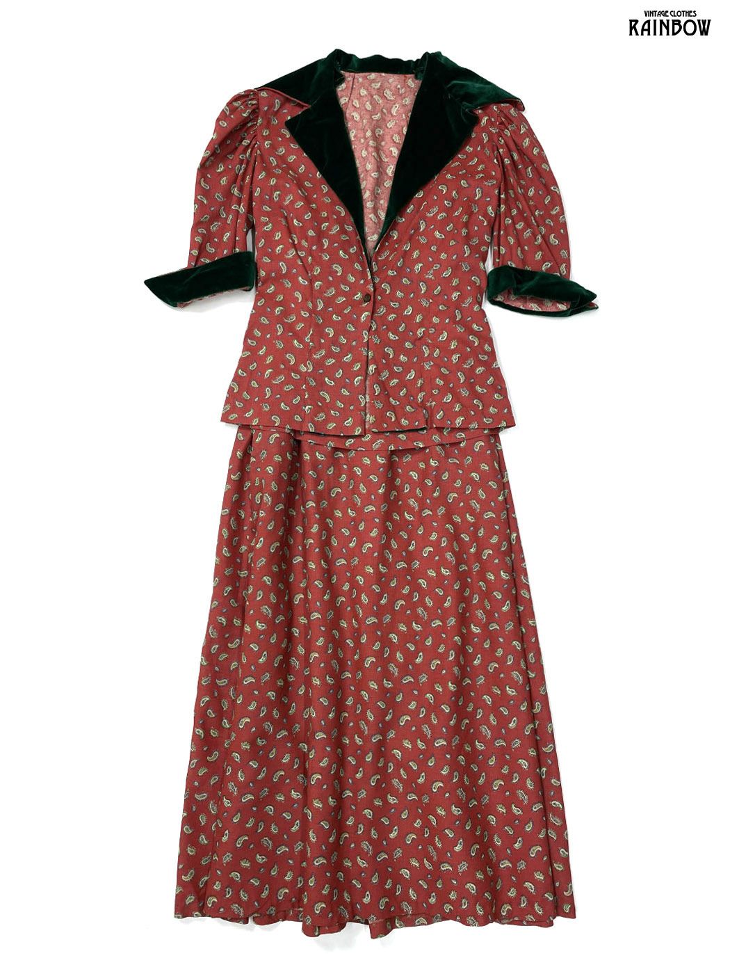 古着 総柄 ペイズリー柄 コットン ロング丈 五分袖 セットアップ 赤 オレンジ otu 2508076