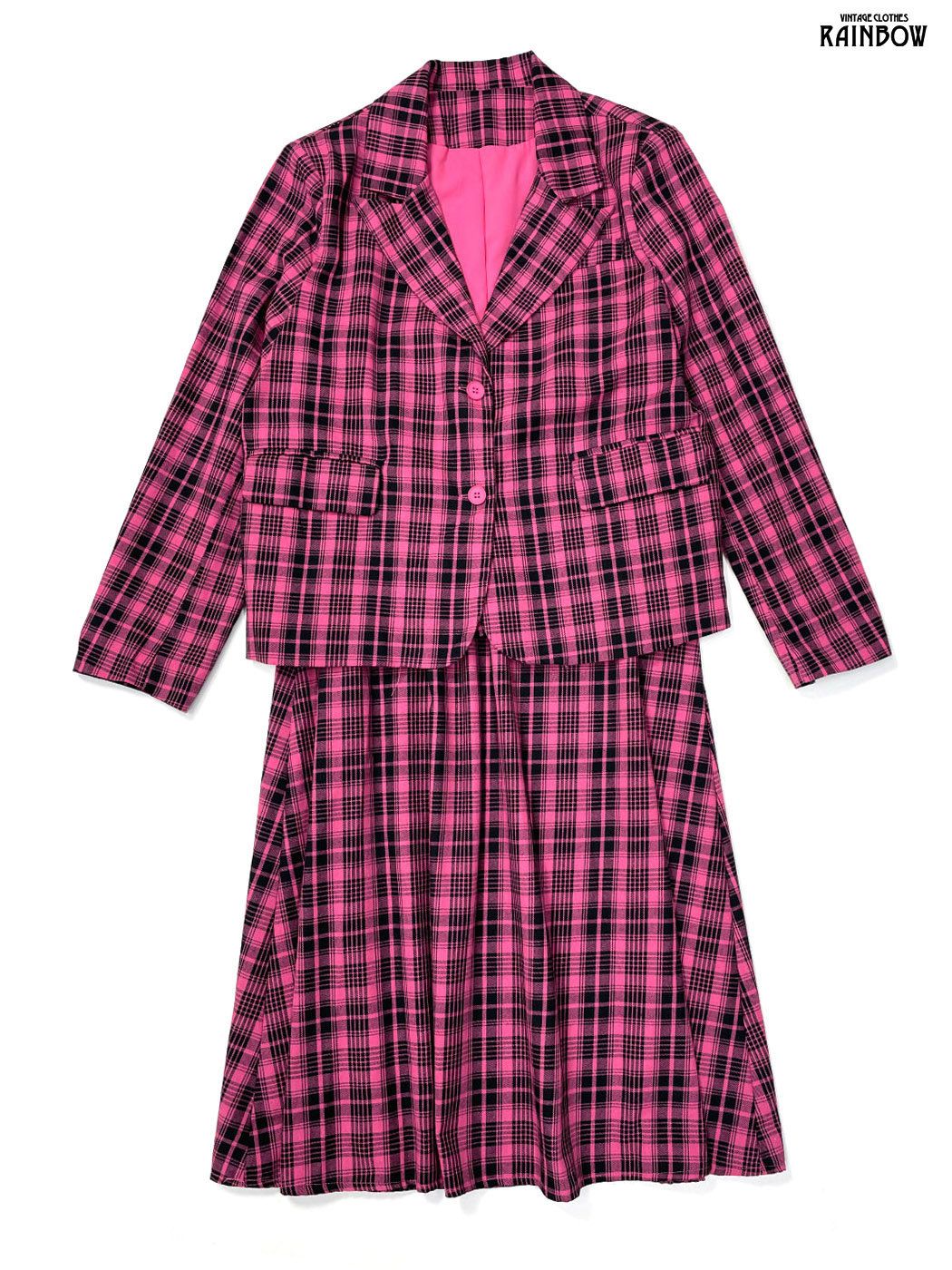 古着 チェック柄 コットン ロング丈 長袖 セットアップ ピンク otu 2508077