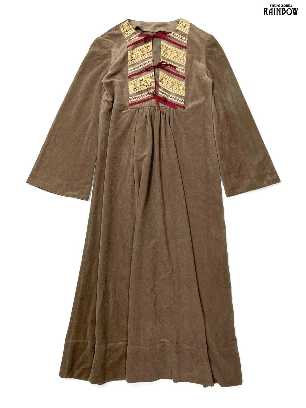古着 刺繍 リボン レース 無地 ベロア ロング丈 長袖 ワンピース ベージュ 茶 otu 2508090