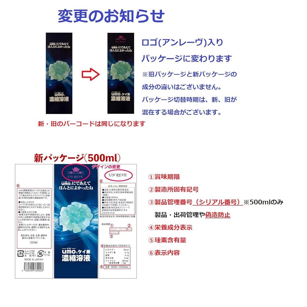 ㈱アンレーヴUMO UMO 水溶性珪素 濃縮溶液 500 ml ２本 学会認定品 シリアル番号入り シリカ水 ケイ素