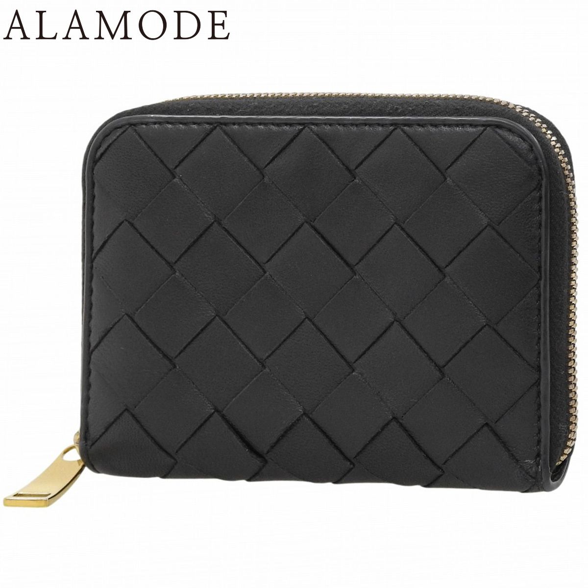 BOTTEGA VENETA ボッテガ ヴェネタ イントレチャート ラウンドファスナー コインパース コインケース カードケース ミニ財布 コンパクトウォレット ラムスキン ブラック黒 ゴールド金具 600874 アラモード