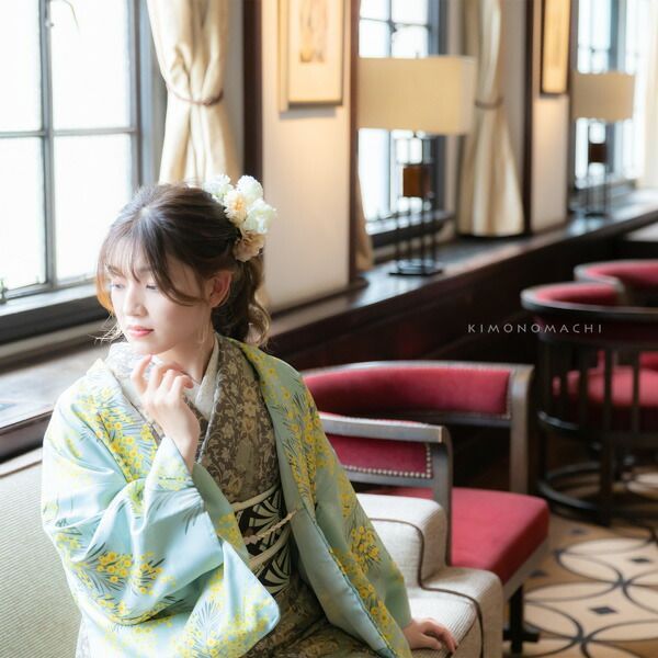  羽織 KIMONOMACHI オリジナル ミモザに立涌 錆青磁色 ポリエステル 洗える羽織 きもの福袋から飛び出したオリジナル羽織 京都きもの町オリジナル カジュアル着物 その他 着物