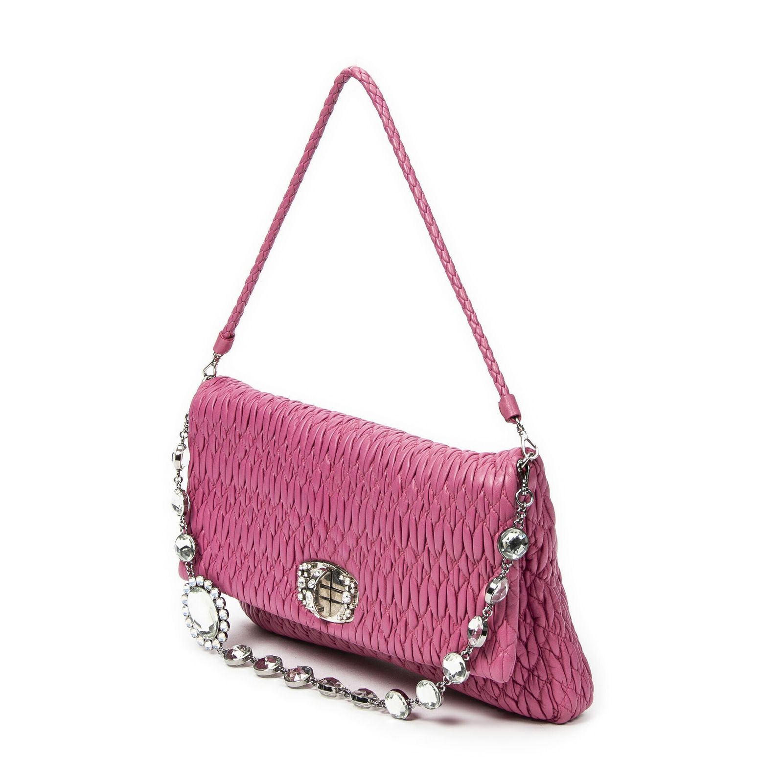 MIU ミュウミュウスモールクリスタルフラップクラッチピンクナッパマトラッセレザーA