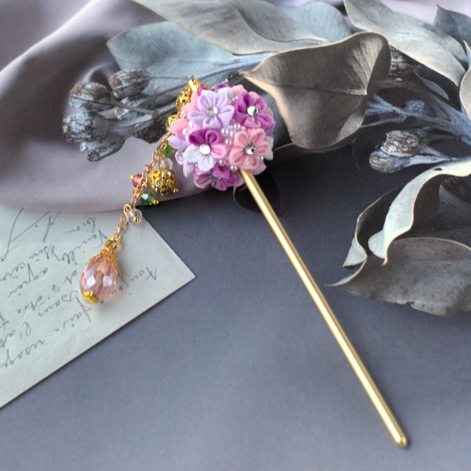 ❁パステル紫ブーケかんざし・大人かわいいつまみ細工アクセサリー