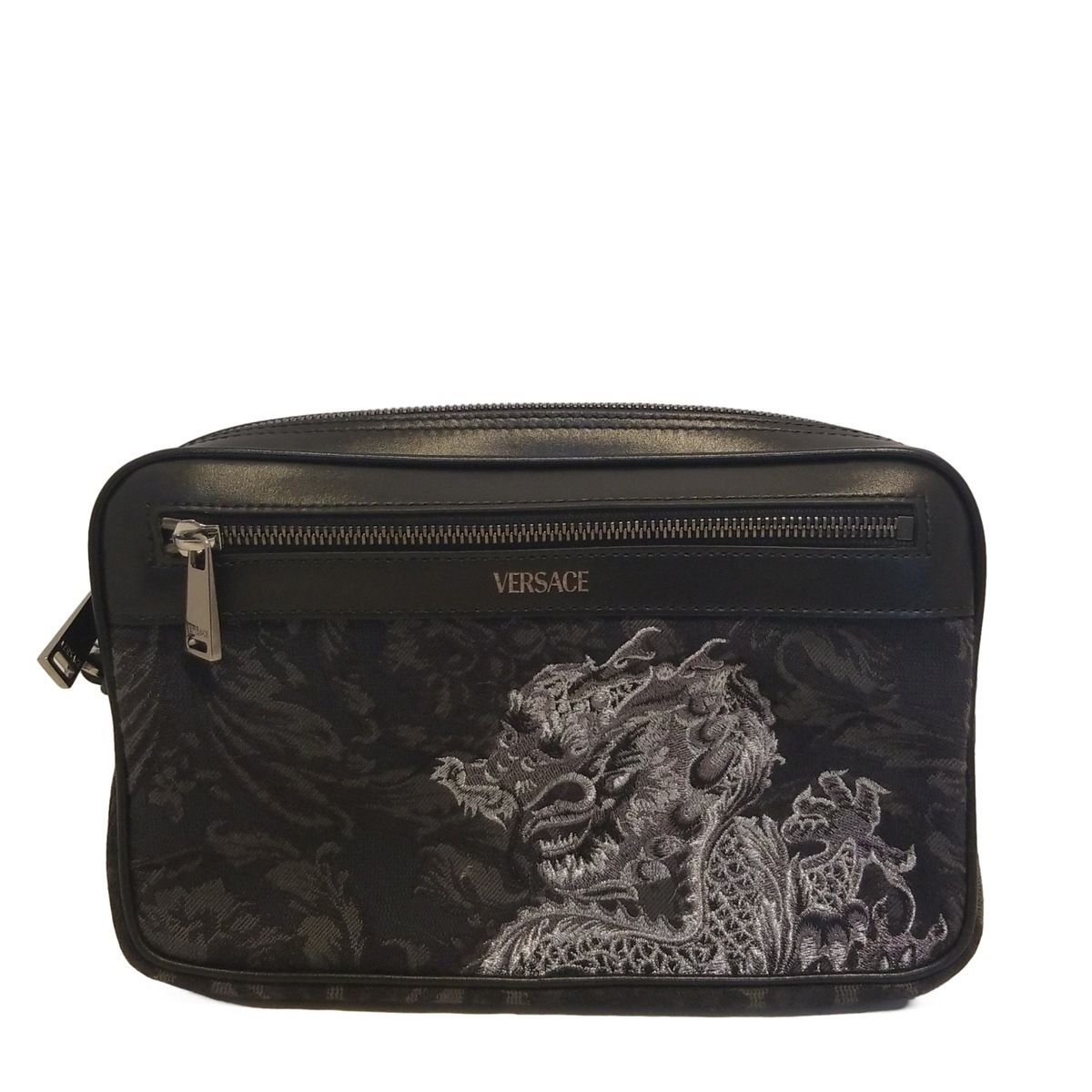 VERSACE ヴェルサーチ セカンドバッグ バロッコ 黒 グレー シルバー 刺繍 ドラゴン レザー