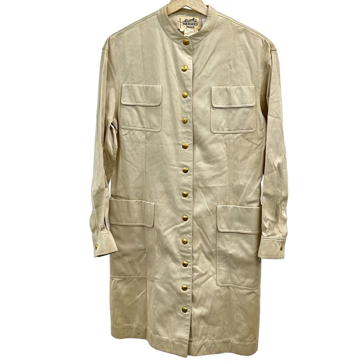 HERMES エルメス ワンピース サイズ38 M レディース ベージュ 長袖 ひざ丈 シャツワンピ