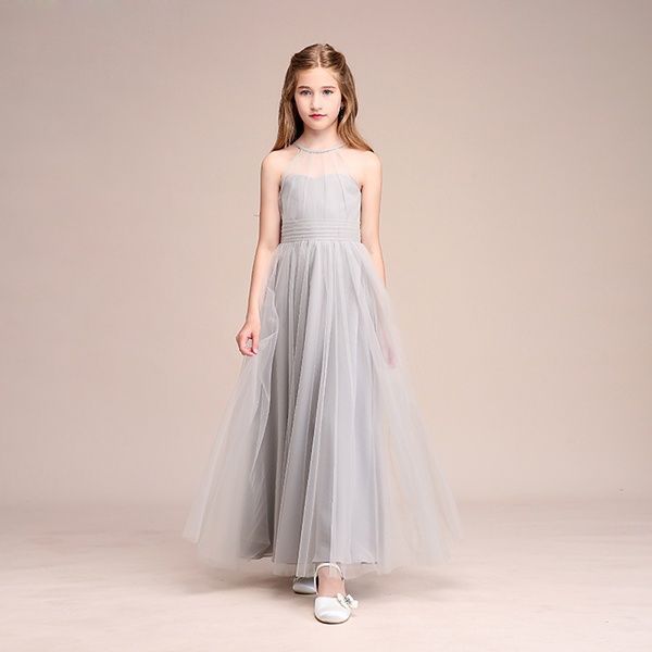 160 cm グレー ピアノ発表会 ドレス ホルター ファスナー ワンピース ノースリーブ 背中開き 着やせ 上品 エレガント 女の子 フォーマル 結婚式 子供 キッズドレス da 906 ze