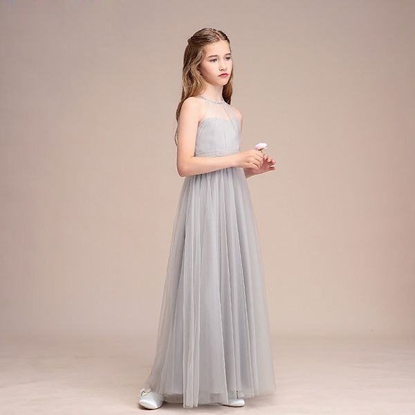 160 cm グレー ピアノ発表会 ドレス ホルター ファスナー ワンピース ノースリーブ 背中開き 着やせ 上品 エレガント 女の子 フォーマル 結婚式 子供 キッズドレス da 906 ze