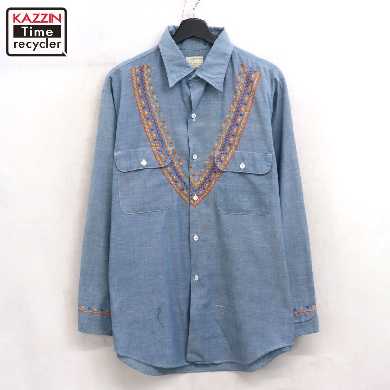 70s vintage BIGMAC 耳付き 刺繍 シャンブレー 長袖シャツ メンズ XL