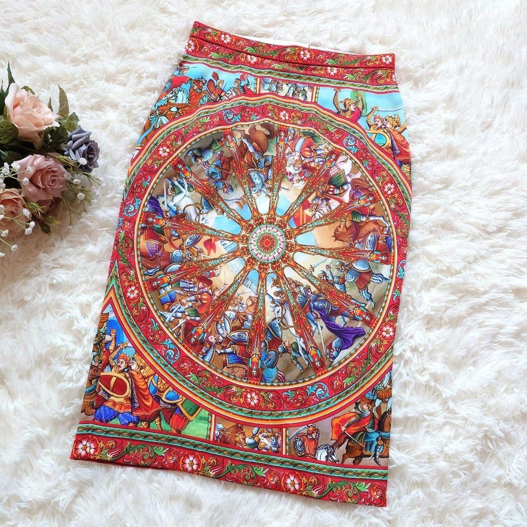 ドルチェ-ガッバーナ シチリア 総柄 スカート レーヨン シルク 膝丈 スリット タイト マルチ ヨーロピアン