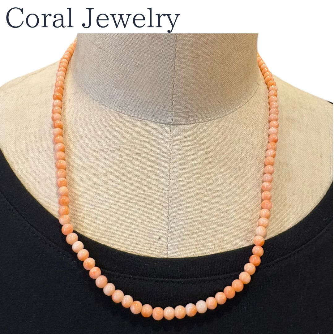 天然桃珊瑚 5mm珠 ネックレス 約53cm シルバーメッキ金具 上品カラー