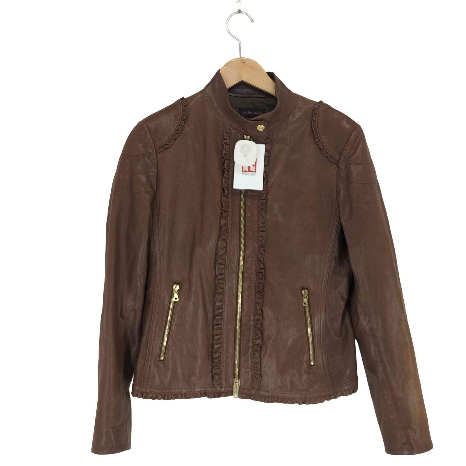 ヨシエイナバ YOSHIE INABA ラムレザーフリルスタンド ジャケット レディース import L