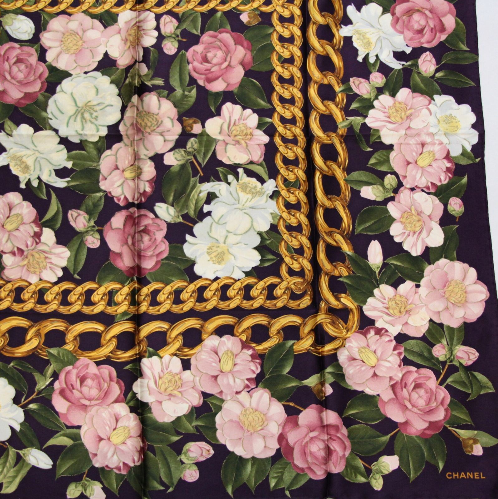 シャネル CHANEL ヴィンテージ 大判スカーフ フラワー チェーン柄