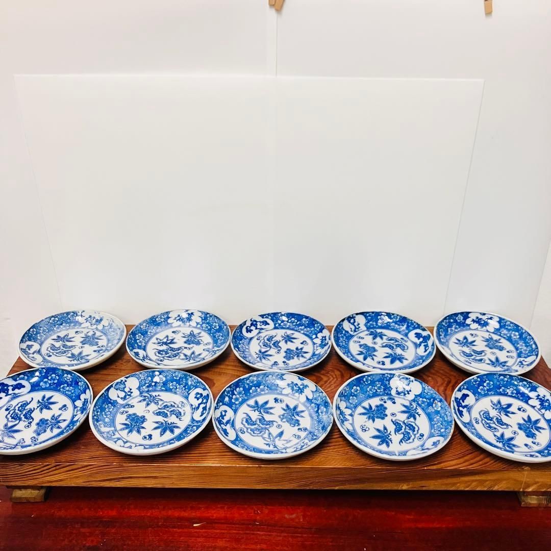 印判皿 染付松竹梅柄10枚1組 明治〜大正ごろ お正月などに 蚤の市