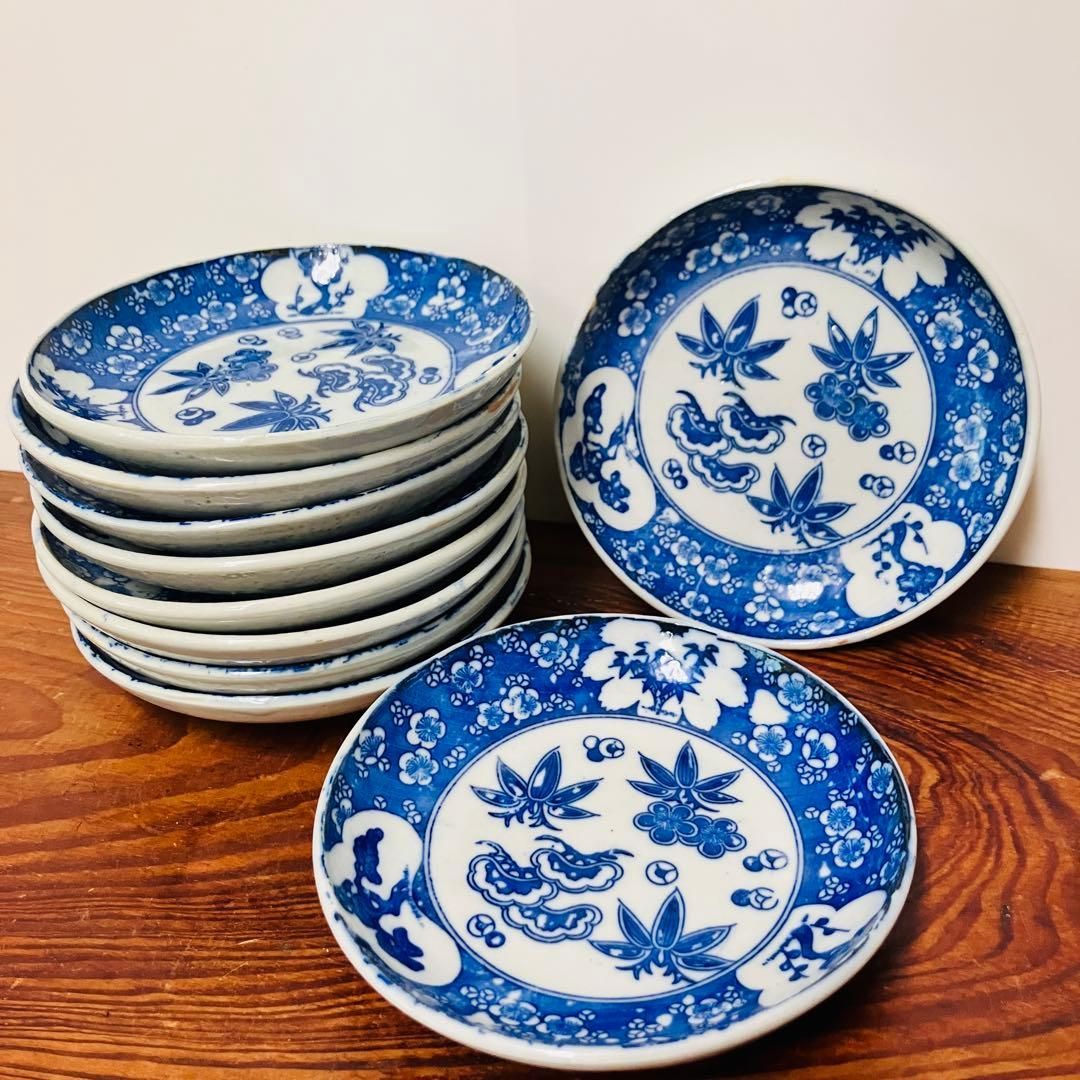 印判皿 染付松竹梅柄10枚1組 明治〜大正ごろ お正月などに 蚤の市