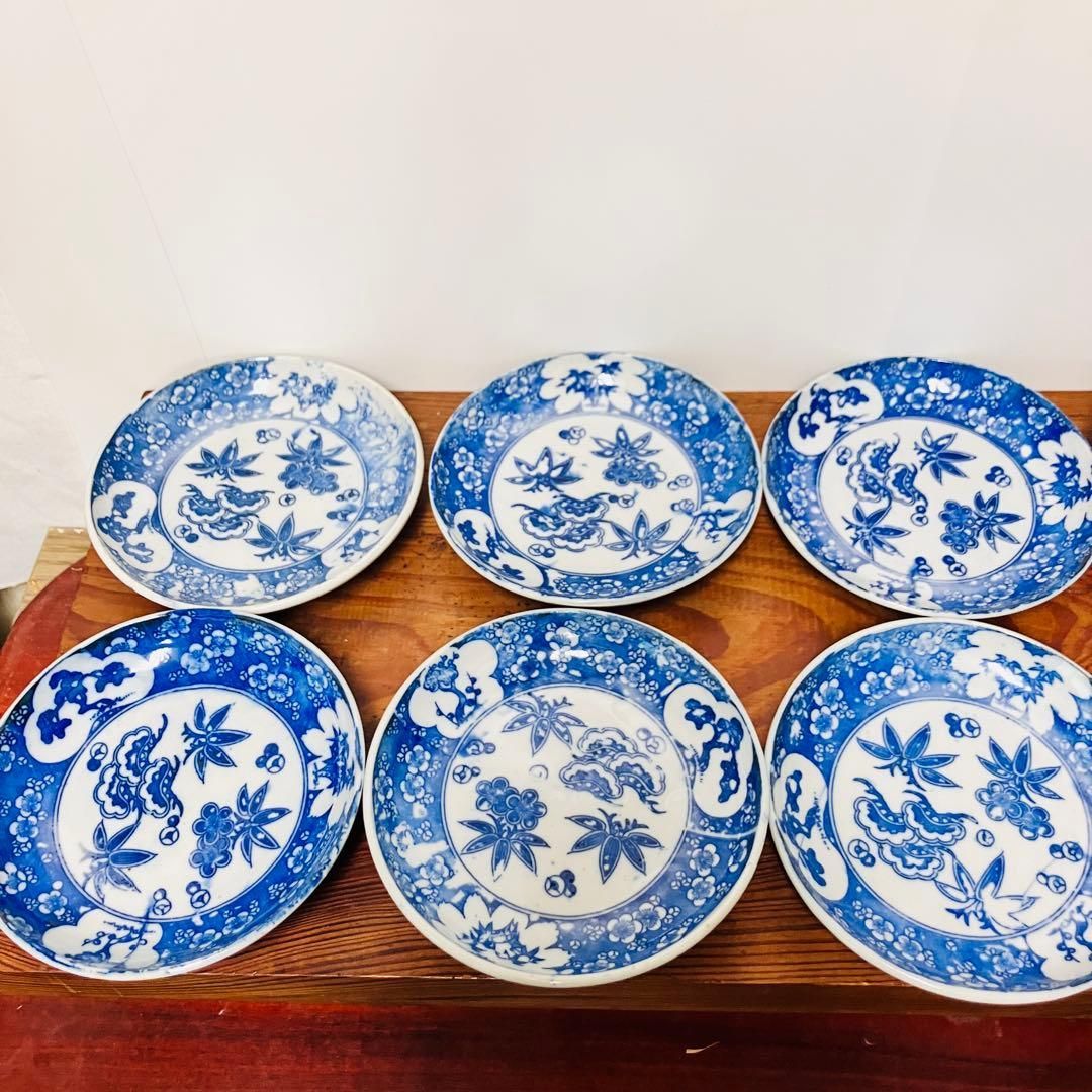 印判皿 染付松竹梅柄10枚1組 明治〜大正ごろ お正月などに 蚤の市