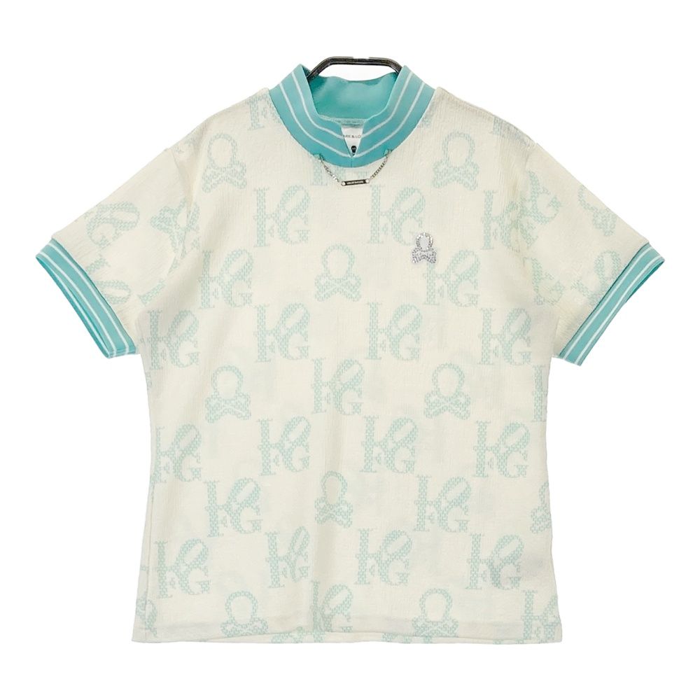 サイズ 38 MARK-LONA マークアンドロナ モデル ハイネック 半袖Tシャツ 総柄 ベージュ系 ゴルフウェア レディース ストスト
