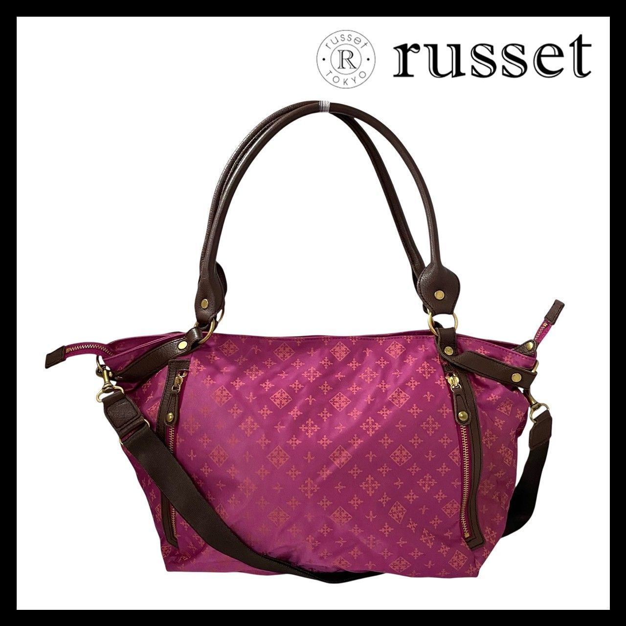 russet】2Way バッグ ナイロン ピンク ブラウン/茶 ロゴ 総柄
