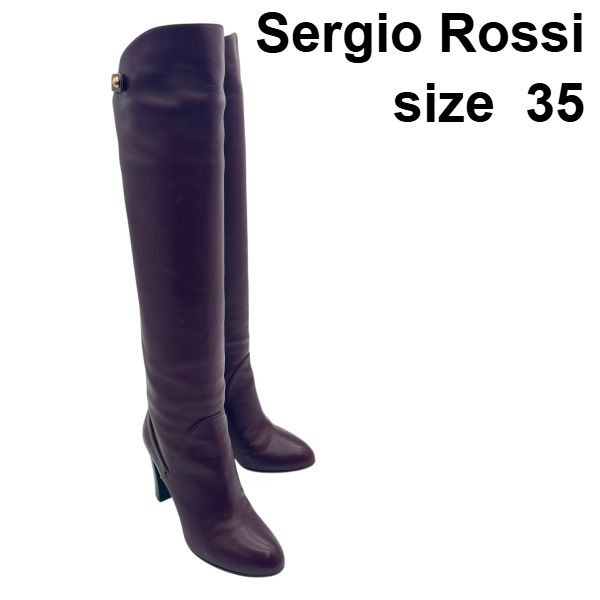 セルジオロッシ Sergio Rossi ニーハイブーツ サイハイブーツ チャンキーヒール ワインレッド レザー 35 22 cm前後 レディース S 5 X 549