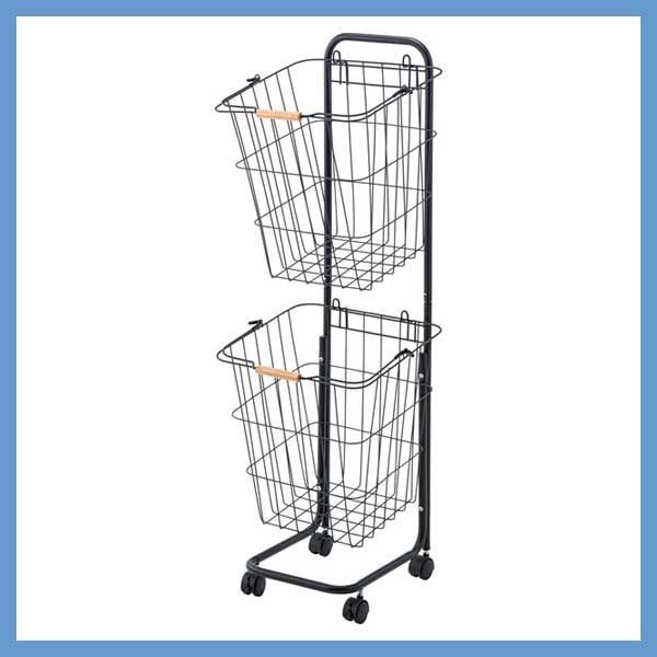 スチール製のランドリーバスケットワゴン 取り外し W 37×D 40×H 107 cm ２段ラック No.881 ブラック
