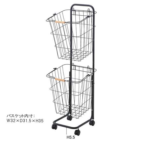 スチール製のランドリーバスケットワゴン 取り外し W 37 D 40 H 107 cm ２段ラック No 881 ブラック