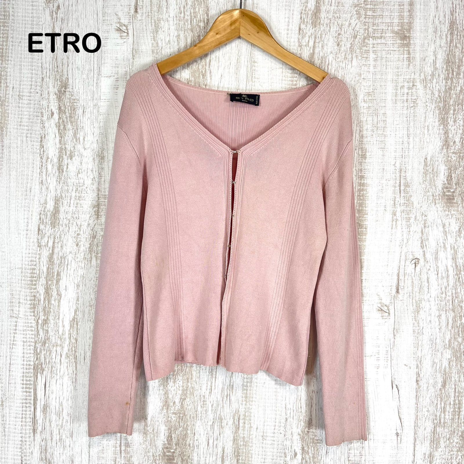 【美品】ETRO エトロ　ピンクの長袖ニット&シルク トップス ETRO エトロ Vネック 無地 リブ編み シルク ニット 長袖 カーディガン