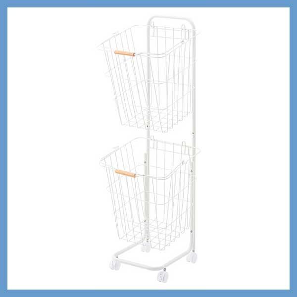 スチール製のランドリーバスケットワゴン 取り外し W 37×D 40×H 107 cm ２段ラック No.881 ホワイト