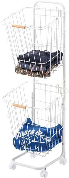 スチール製のランドリーバスケットワゴン 取り外し W 37 D 40 H 107 cm ２段ラック No 881 ホワイト