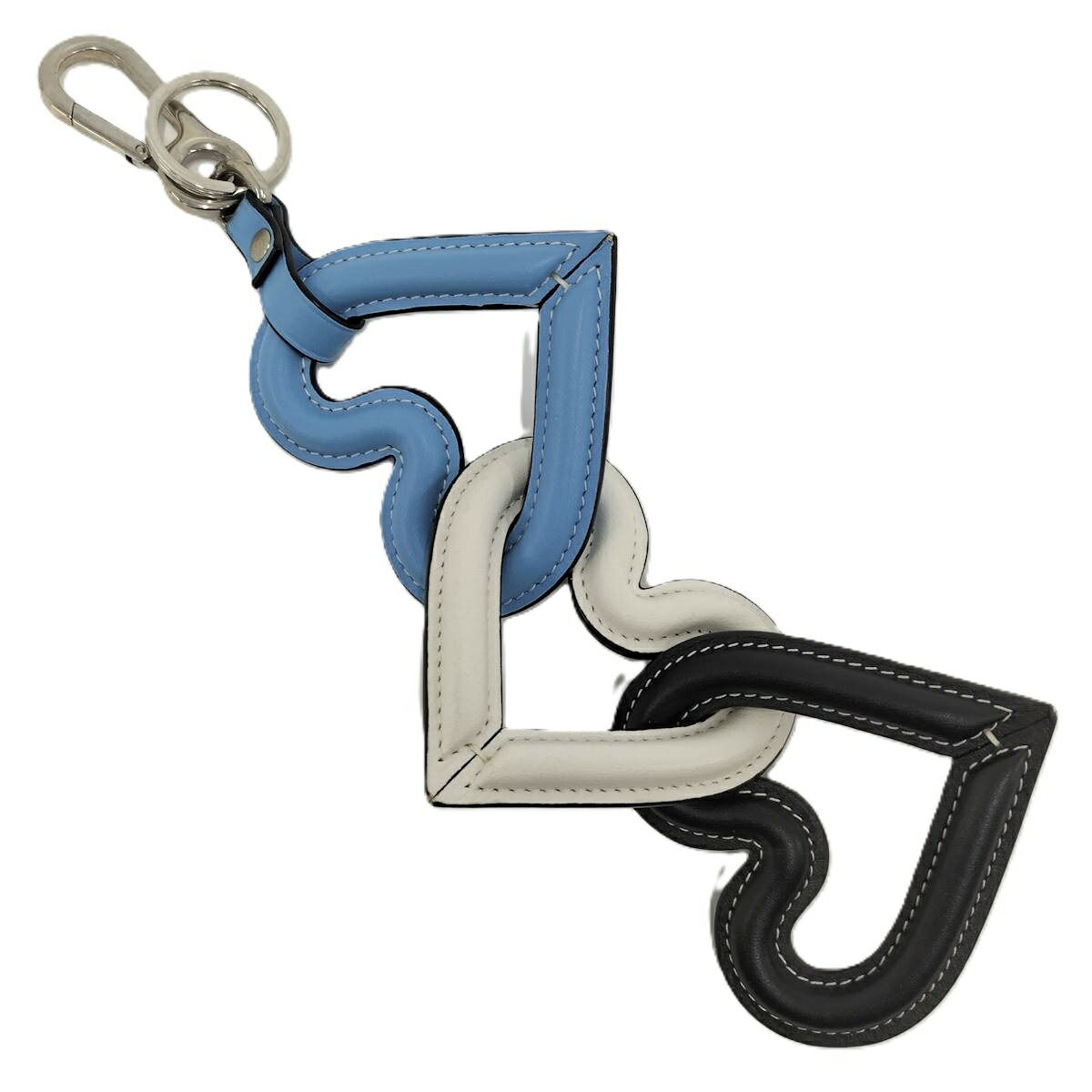 LOEWE トリプルハート チャーム キーリング レザー メタル ブルー ホワイト ブラック