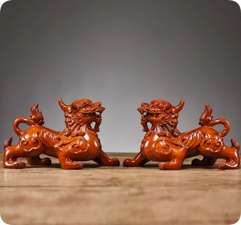 花梨精 オレンジ色 獅子彫刻 置物 2体セット