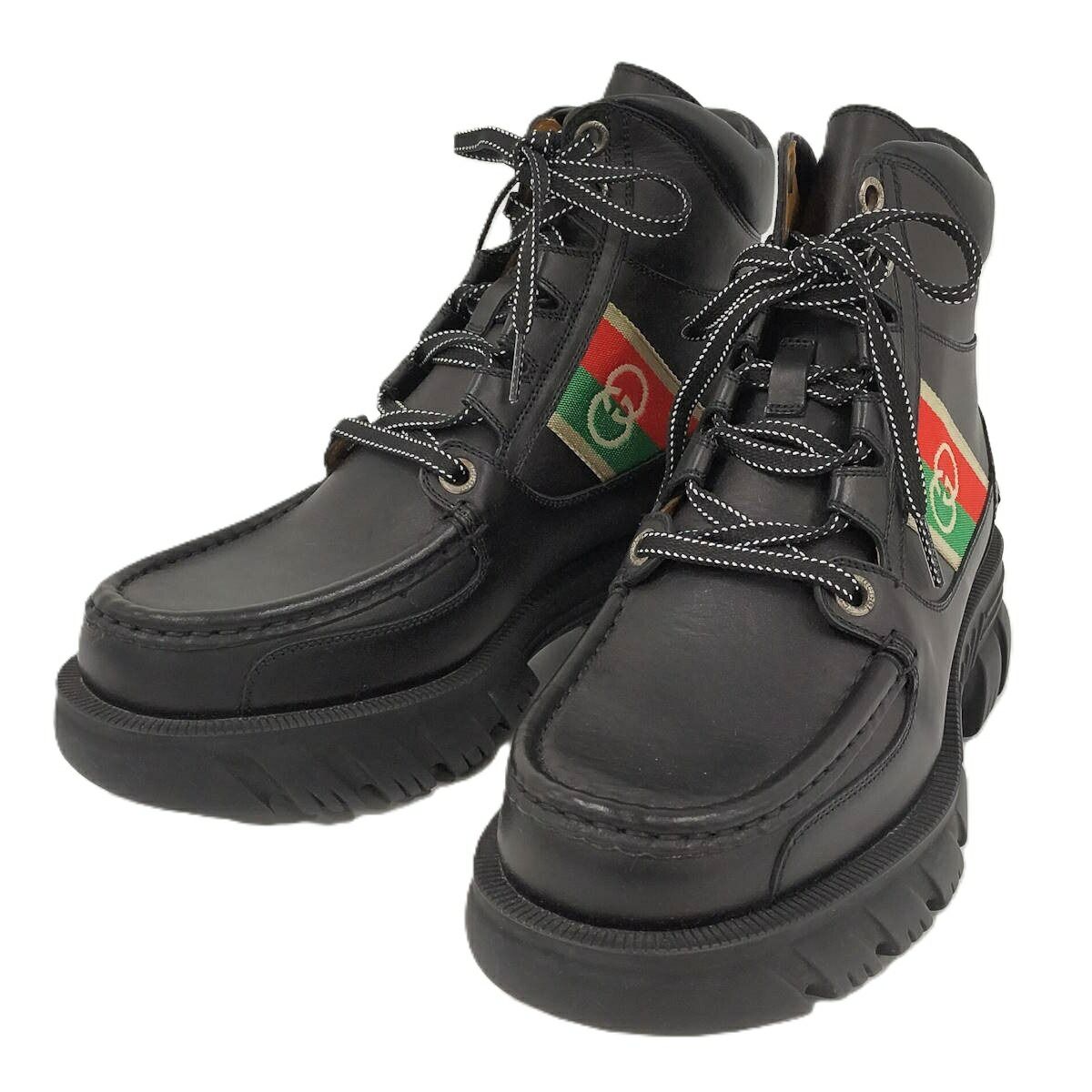 GUCCI アンクルブーツ インターロッキングG レースアップ ショートブーツ 表記サイズ5 1 2 レザー ブラック 663368