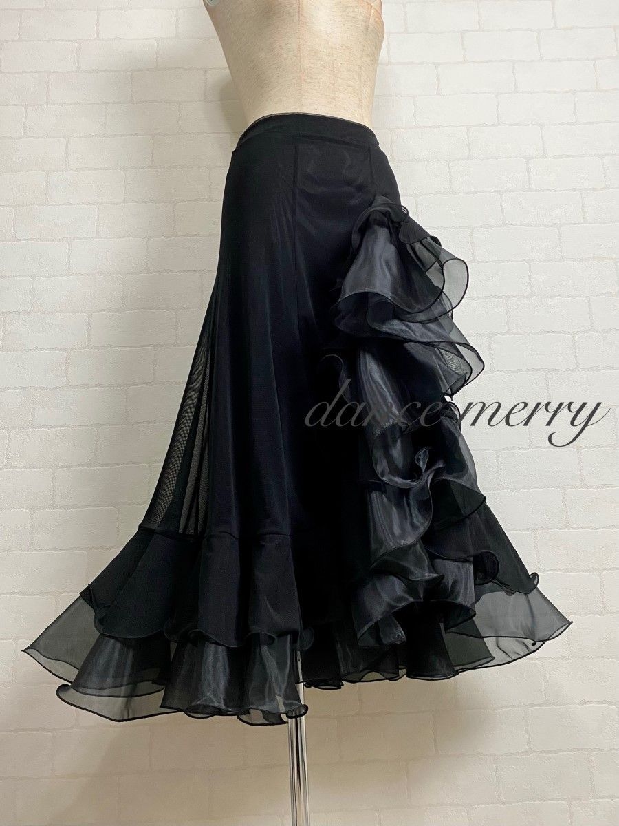 MERRY 豪華 社交ダンス スカート 黒 パーティ フラメンコ タンゴ 8976