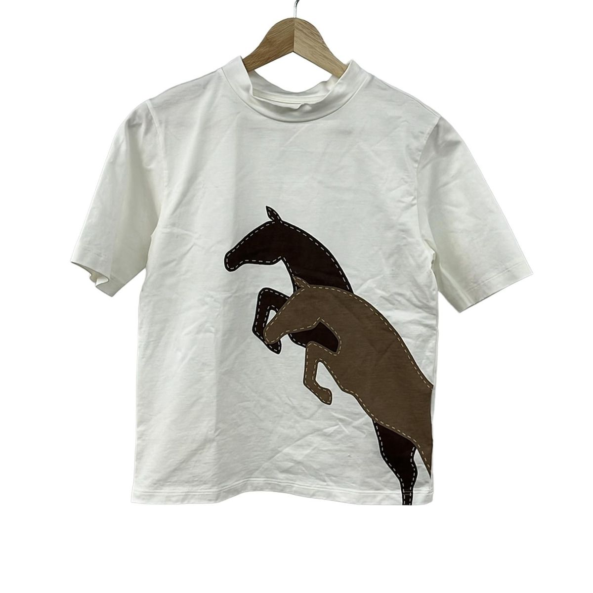 セブンテン バイミホカワヒト 半袖Tシャツ サイズM レディース 白 ダークブラウン ライトブラウン クルーネック 馬