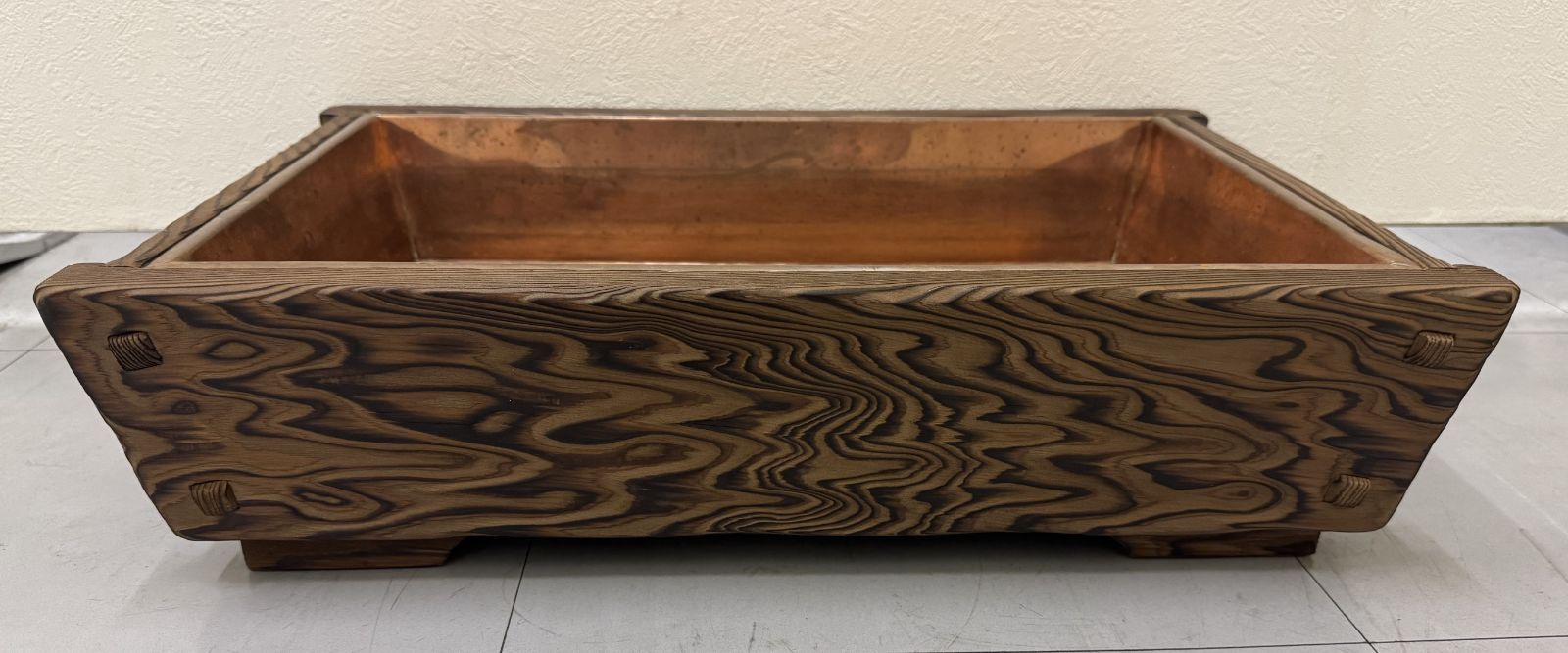 レア！！！！！ビンテージ 水盤（木枠、銅板）木製花器、水盤 木枠 銅板 ビンテージ】水盤（木枠・銅板）木製花器