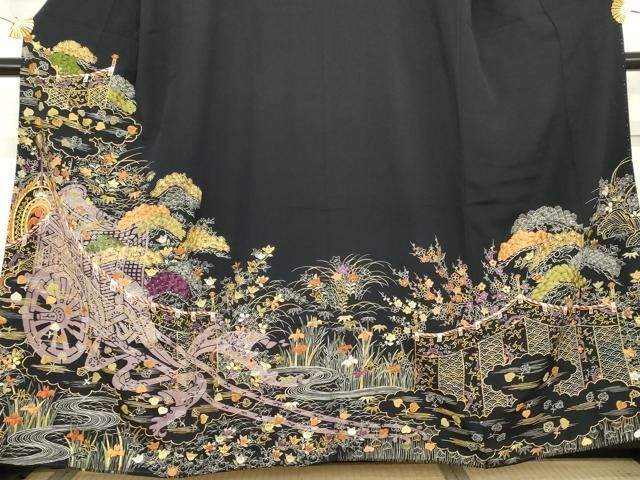 平和屋着物○創業460年・千總 黒留袖 駒刺繍 御所車吉祥草花文 金糸